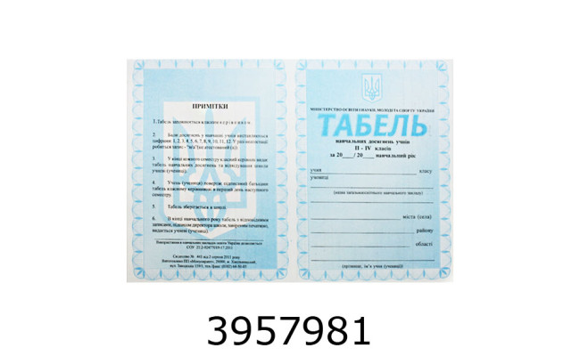 Табель успішності учня 3-4 кл. ціна за 100шт. А5 (10) н/з
