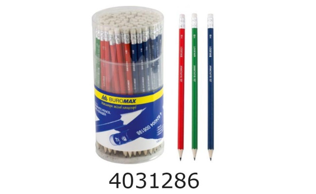 Олівець графіт. Buromax COLOR НВ з гумкою туба асорті (100/600/1800) BM.8501