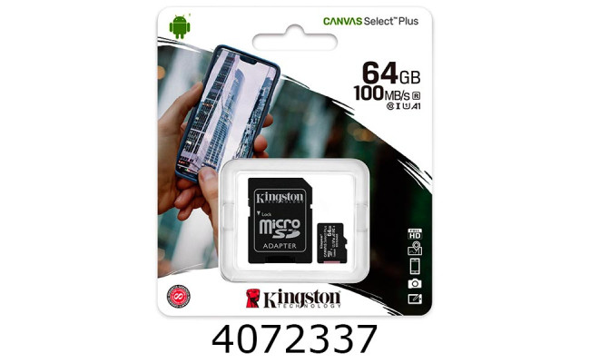 Micro-SDXC 64Gb Kingston Canvas Select Plus (UHS-1) class10 (адаптер) A1 (R-100MB/s)