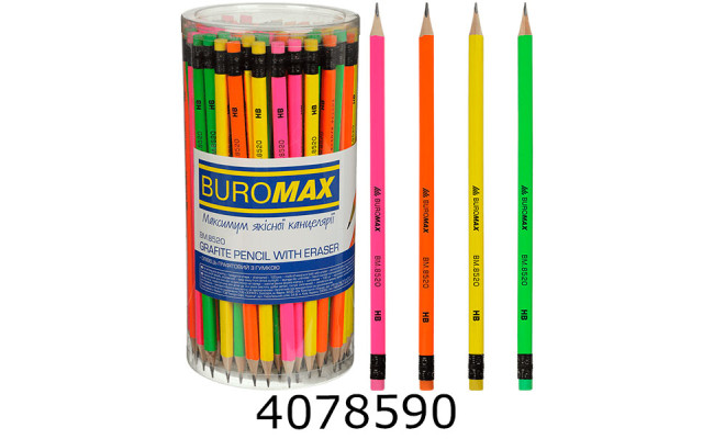 Олівець графіт. Buromax NEON НВ неоновий з гумкою (100/600) BM.8520