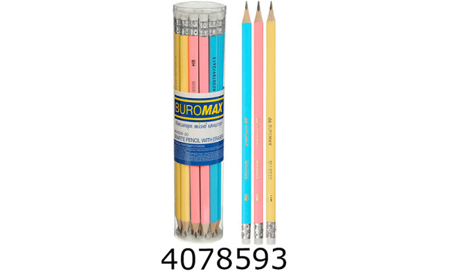 Олівець графіт. Buromax PASTEL НВ з гумкою туба-20шт. (20/240) BM.8526-20