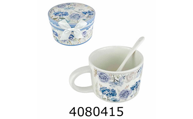 Кружка керам. з ложкою Квіти блакитні 280мл  (60) LC003S