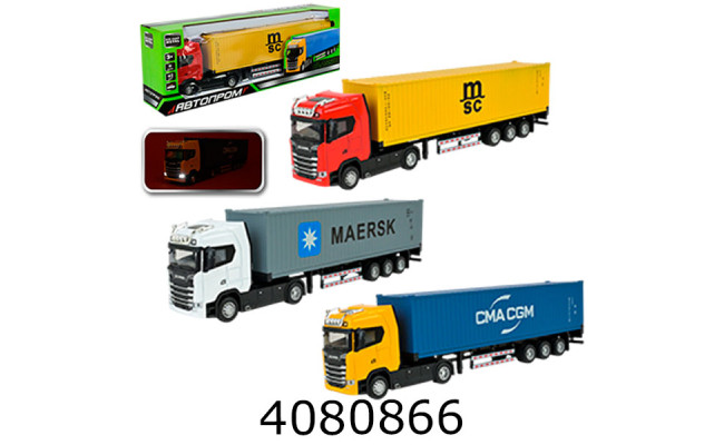 Трейлер Автопром Scania контейнеровоз в коробці муз. світ. 35*7*12см (36/72) AP7540AB
