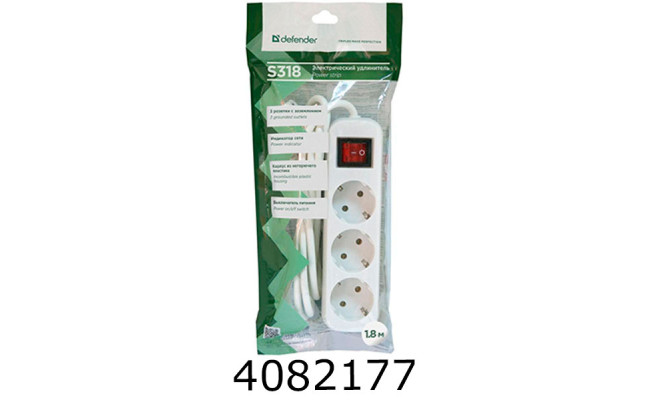 Подовжувач мереж. 1.8м 3 розеток з вимикачем Defender S318 білий 992330