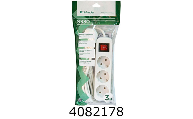 Подовжувач мереж. Defender S330 3.0m 3роз. з вимикачем white 992340