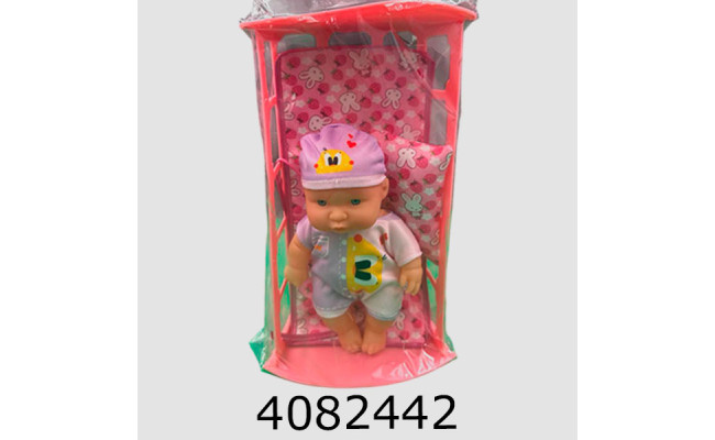 Ліжечко пластик з лялькою та білизною в кульку (36) C-02