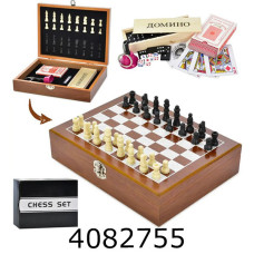 Шахи 3 в 1 дерев'яні в коробці (+шашки доміно картикубик 6шт дзвіночок) 26*20*6см (15) XQ12096