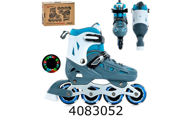 Роліки розсувні 35-38 розмір алюм. рама шнуровка+бакля колеса світ. ПУ сірий+блакитний колір A4151-M-G