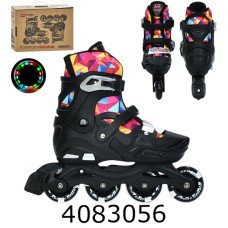 Роліки розсувні 35-38 розмір алюм. рама шнуровка+бакля колеса світ. ПУ чорний+рожевий колір A4157-M-B