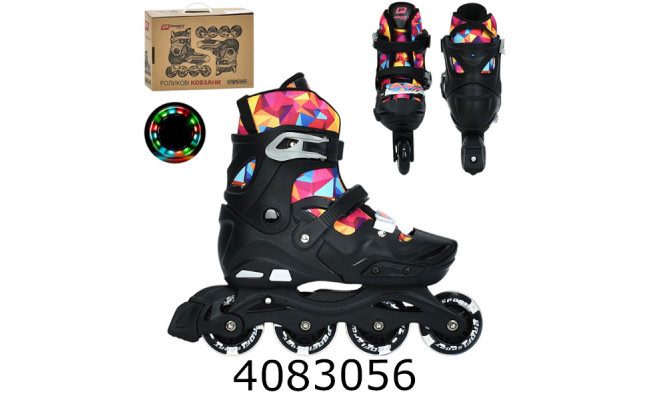 Роліки розсувні 35-38 розмір алюм. рама шнуровка+бакля колеса світ. ПУ чорний+рожевий колір A4157-M-B