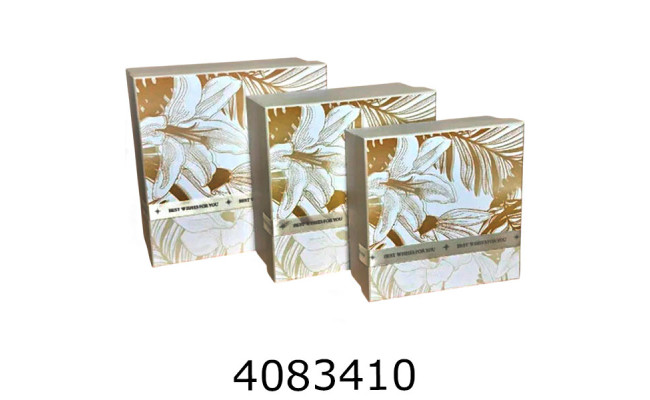 Коробка карт. для подарунків 3в1 з квітами біла 15*15*6 см 17*17*8 19*19*10 25-491