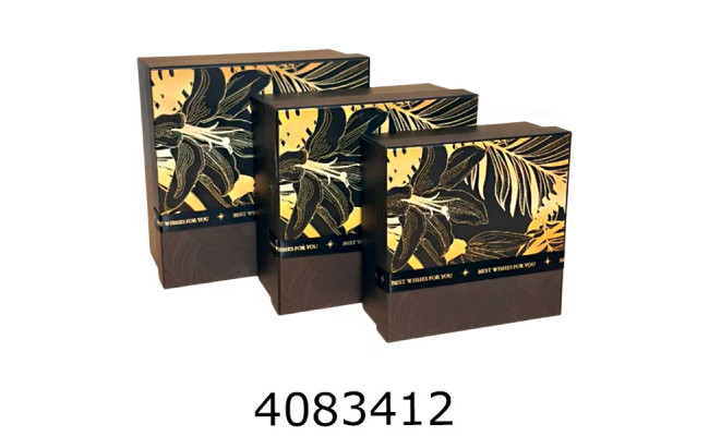 Коробка карт. для подарунків 3в1 з квітами чорна  15*15*6 см 17*17*8 19*19*10 25-491