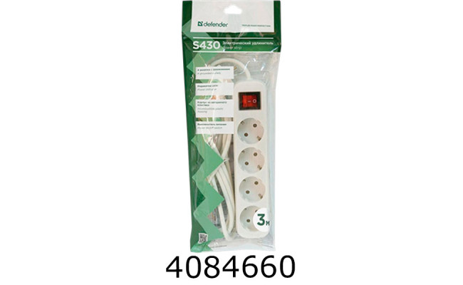 Подовжувач мереж. фільтр Defender S430 3.0m 4роз. white 992260