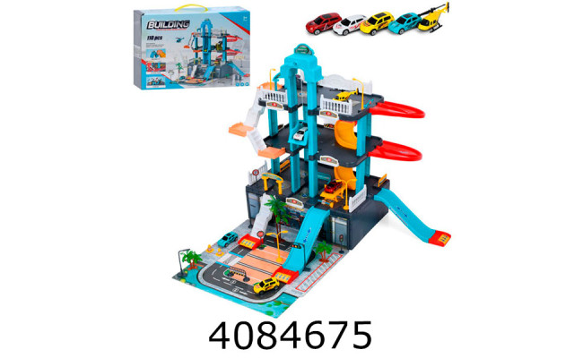 Гараж в коробці 3 поверхи машинки 4 шт дорожні знаки 110дет 37*26*12см (9) A247
