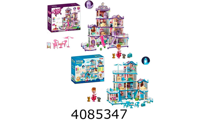 Будиночок в коробці 4х поверховий з меблямиляльками тваринками муз.2 види 275-280дет 39*8*32см (16) 556-49/78