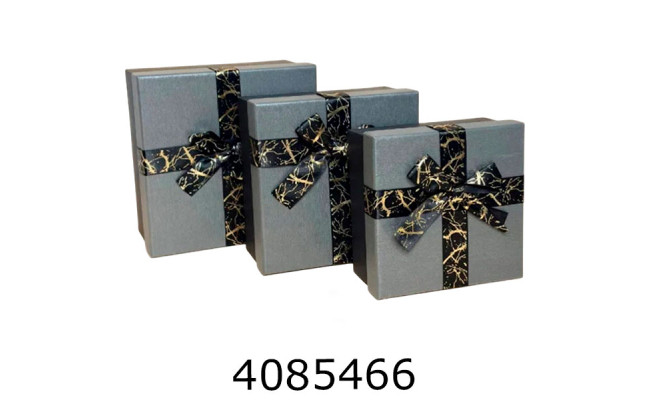 Коробка карт. для подарунків 3в1 сіра з стрічкою 15*15*6 см 17*17*8 см 19*19*10 см 25-455