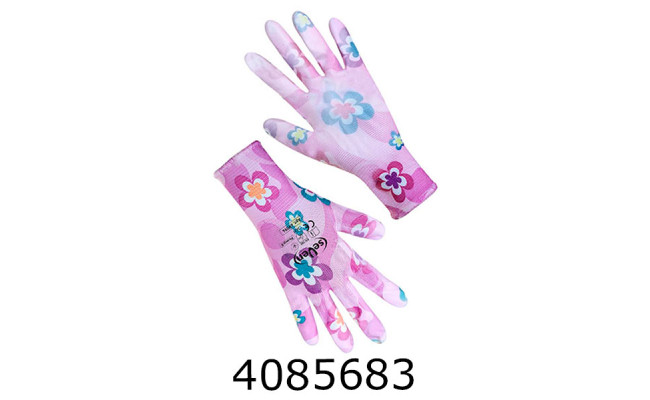 Рукавиці синтетичні фіолетові жіночі  з поліуретановим покриттям кольоровий принт р8(12) 69094