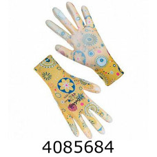 Рукавиці синтетичні жовті жіночі  з поліуретановим покриттям кольоровий принт р8(12) 69219