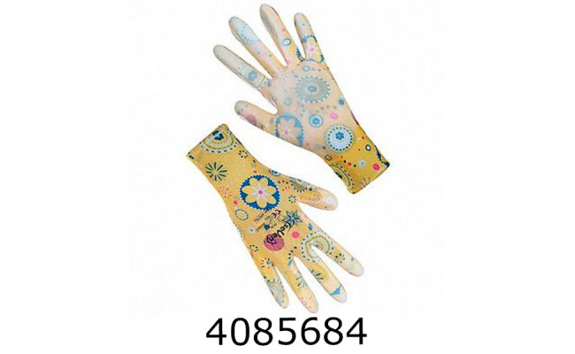 Рукавиці синтетичні жовті жіночі  з поліуретановим покриттям кольоровий принт р8(12) 69219