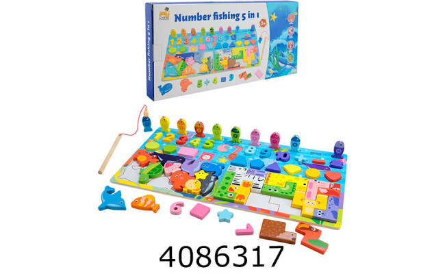 Дерев. іграшка Сортер 5в1 цифри пазли риболовля фігури тварини 45*23*4см (24) C9439