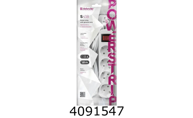 Подовжувач мереж. Defender S418 1,8 м 4 розетки white Art-992370 992370